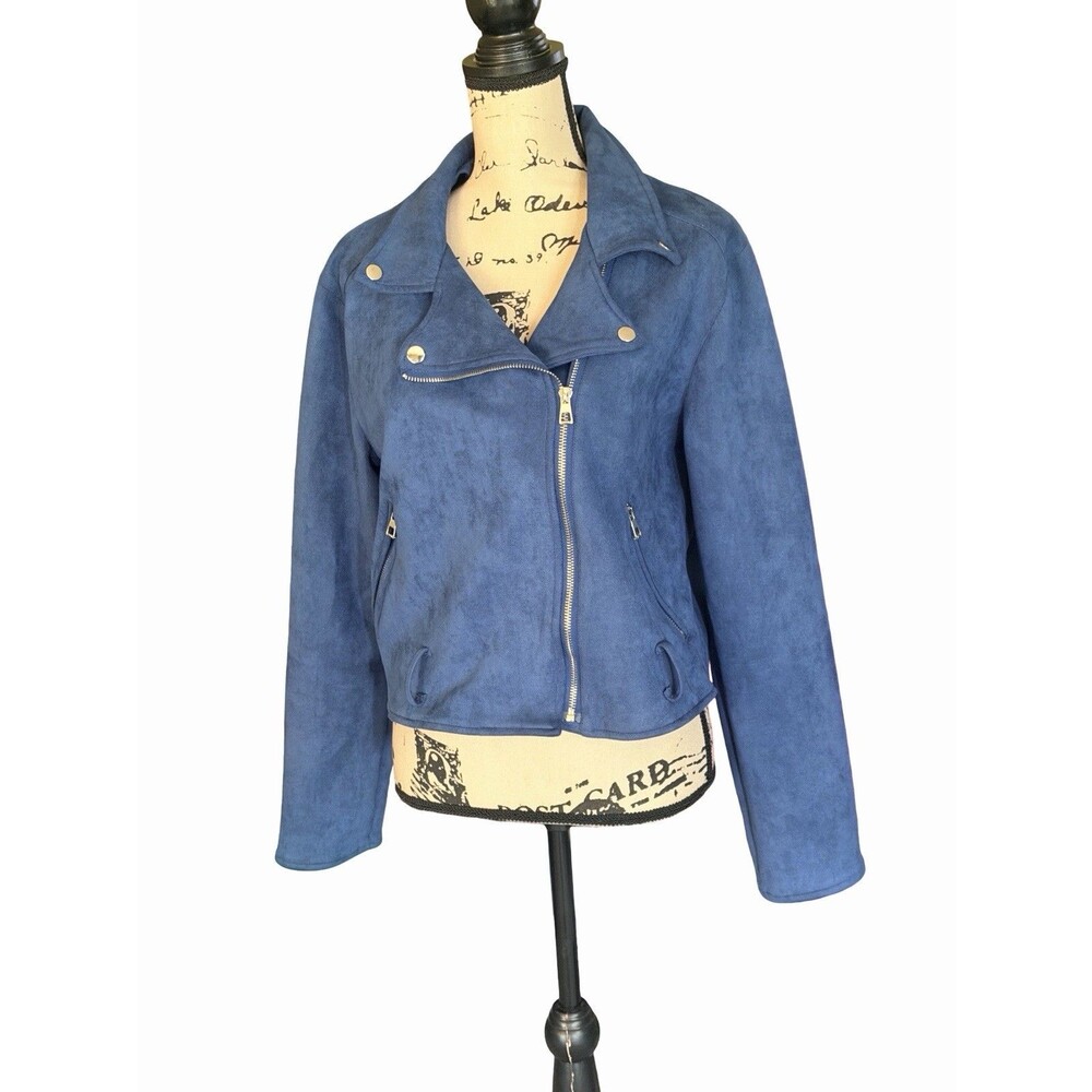 PrettyLittleThings Faux Suede Moto Jacket Cropped Size 12 Blue Missing Belt